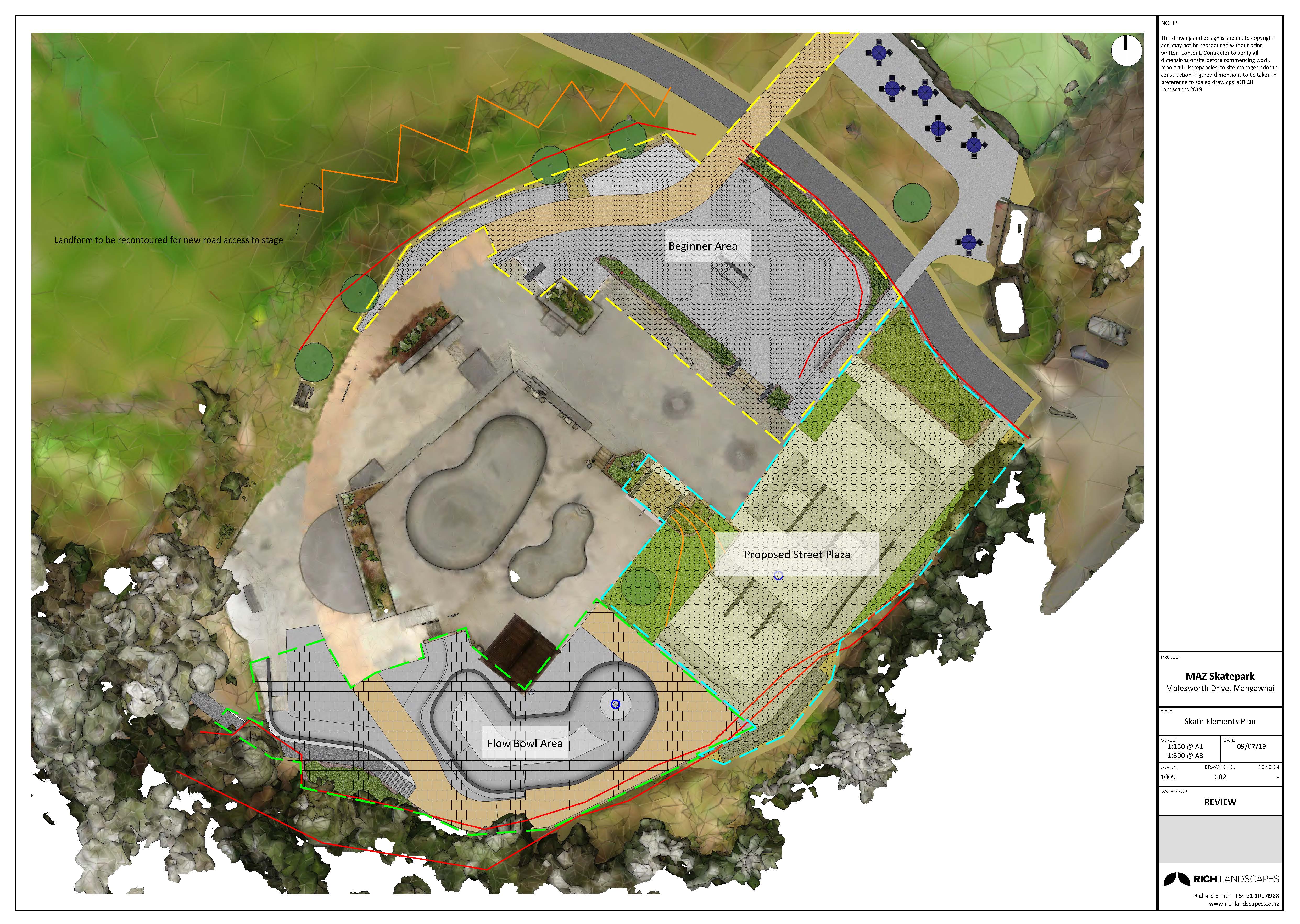 Site plan of MAZ showing planned Flow Bowl and street plaza